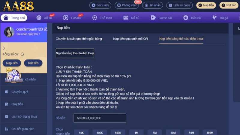 Các phương thức nạp tiền tại aa88